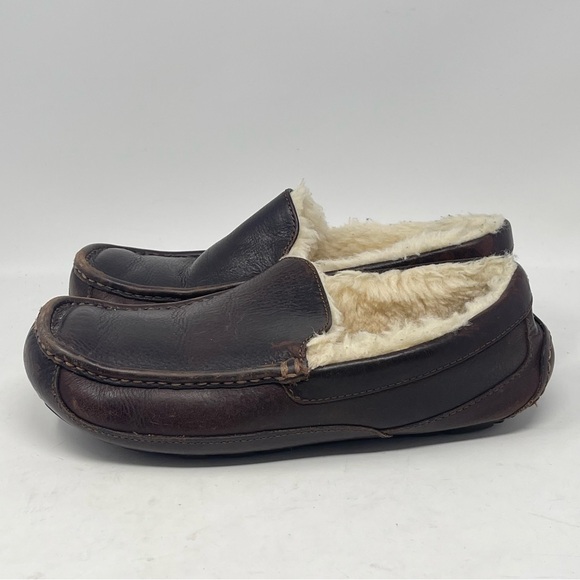 UGG Ascot Slippers Mens 8 Brown Leather Sheepskin Slip On Fur Lined Moccasion - Picture 4 of 15